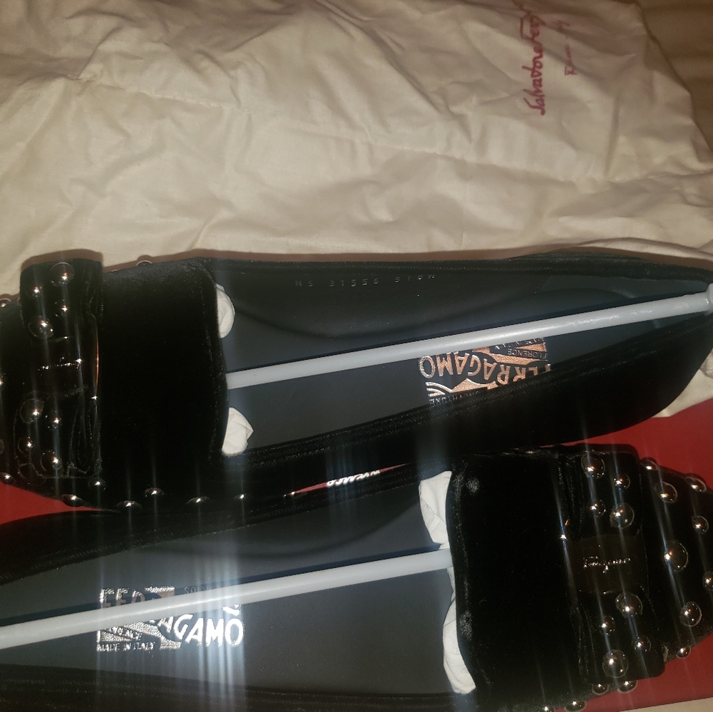 A pair of Salvatore Ferragamo Black Studded Velvet Scotty Roc Vara Bow